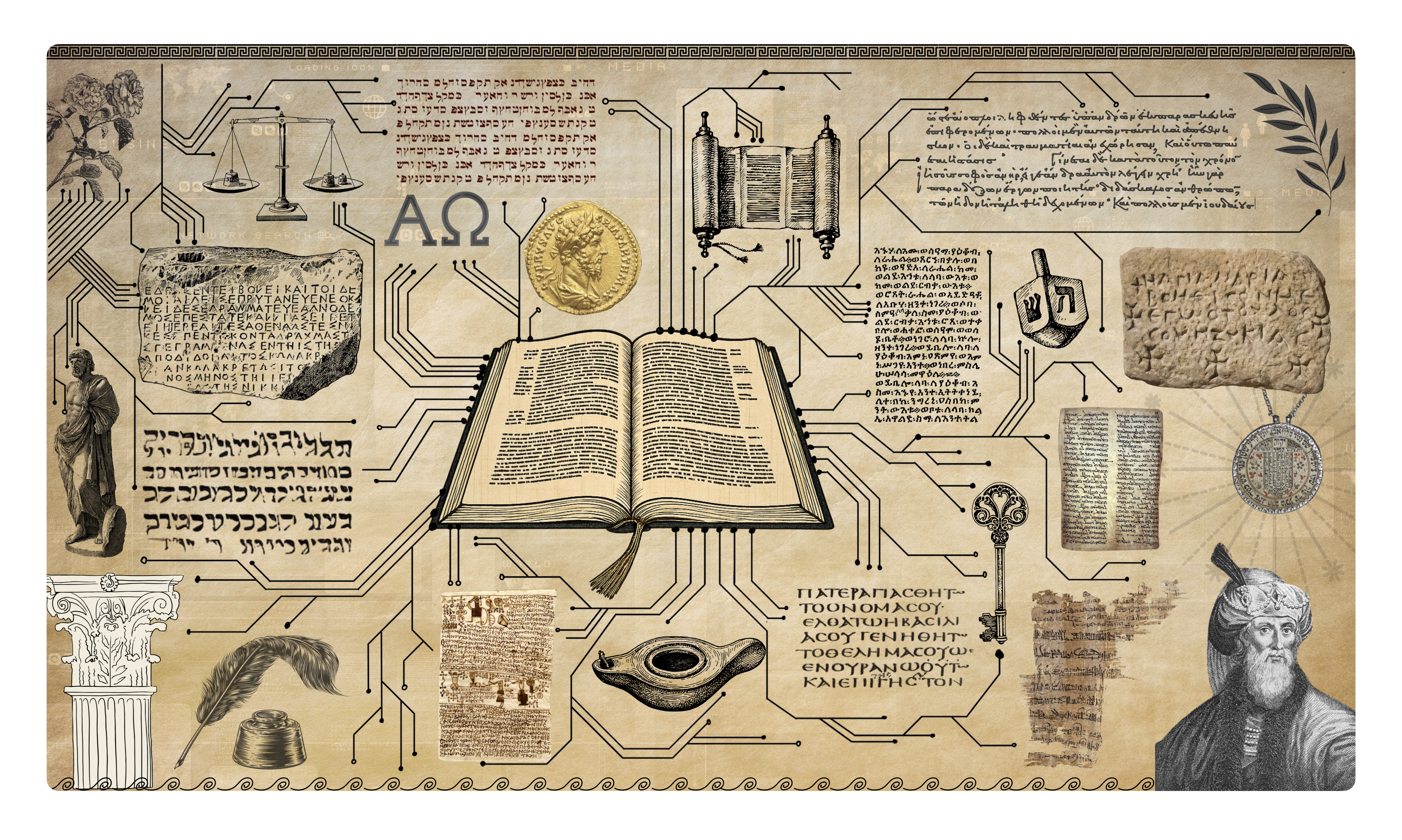 Ein Buch in der Mitte von dem viele Linien ausgehen, an deren Ende verschiedene Texte, Inschriften und Symbole sind, die mit dem Judentum zu tun haben, z.B. eine Torarolle, eine mittelalterliche Darstellung von Philo, usw.